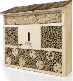 WILDLIFE FRIEND I Bijenhotel Insectenhotel 29,5 X 28 X 10 Cm Met Houten Dak - Onbehandeld, Massief Houten Bijenhuis Voor Bijen, Lieveheersbeestjes & Vliegen, Insectenhuis & Nesthulp Om Op Te Hangen