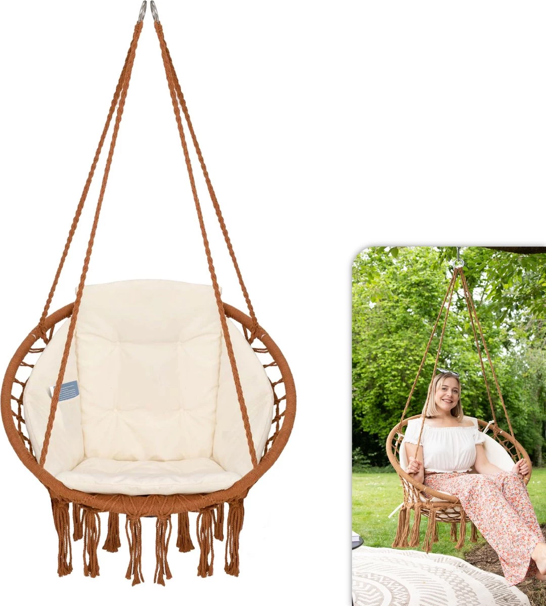 Vita5 Macramé Hangstoel - Voor Binnen En Buiten - Zonder Standaard - Incl. Kussen, Boekenvak En Beschermhoes - Tot 150kg - Bruin/Beige 3 Vita5 Macramé Hangstoel - Voor Binnen En Buiten - Zonder Standaard - Incl. Kussen, Boekenvak En Beschermhoes - Tot 150kg - Bruin/Beige