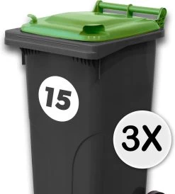 Merkloos Container Sticker – Set Van 3 Container Stickers - Rond - Kliko Stickers - Weerbestendige Stickers - Container Sticker Huisnummer - 15 X 15 Cm - Wit - Afvalcontainer - Kliko Sticker Set