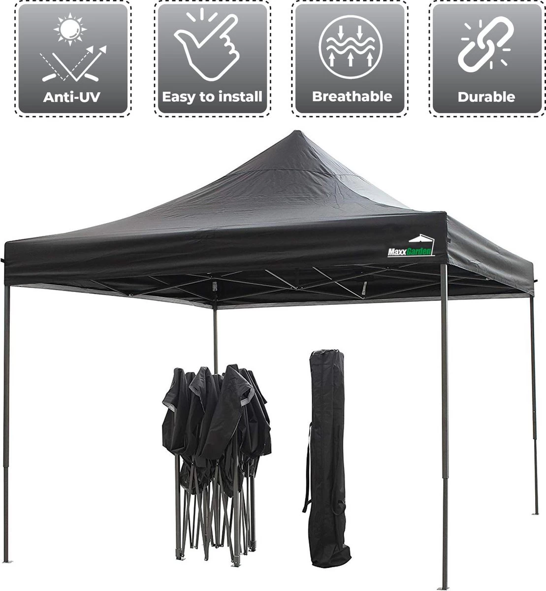 MaxxGarden Easy-up Partytent - 3x3m - Standaard - Waterdicht - Opvouwbaar - Inclusief Draagtas - Zwart 6 MaxxGarden Easy-up Partytent - 3x3m - Standaard - Waterdicht - Opvouwbaar - Inclusief Draagtas - Zwart - Afbeelding 4
