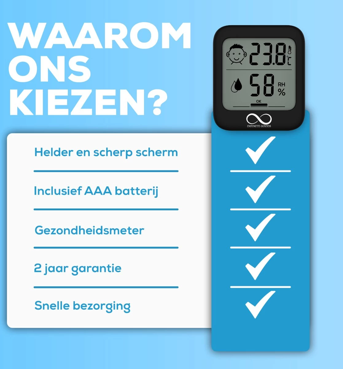 Infinite Goods Hygrometer - Digitale Weerstation - Luchtvochtigheidsmeter - Thermometer Voor Binnen - Vochtmeter - Magneten/Ophangoog - Incl. Batterij 11 Infinite Goods Hygrometer - Digitale Weerstation - Luchtvochtigheidsmeter - Thermometer Voor Binnen - Vochtmeter - Magneten/Ophangoog - Incl. Batterij - Afbeelding 9
