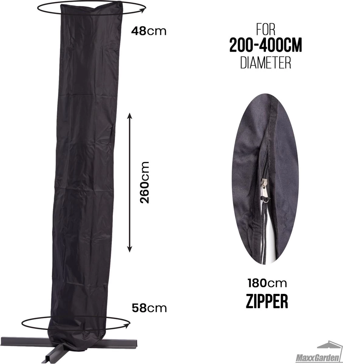 MaxxGarden Parasolhoes - Afdekhoes Voor Zweefparasol - Beschermhoes - 200-400 Cm - Met Rits En Trekkoord - Zwart 10 MaxxGarden Parasolhoes - Afdekhoes Voor Zweefparasol - Beschermhoes - 200-400 Cm - Met Rits En Trekkoord - Zwart - Afbeelding 8