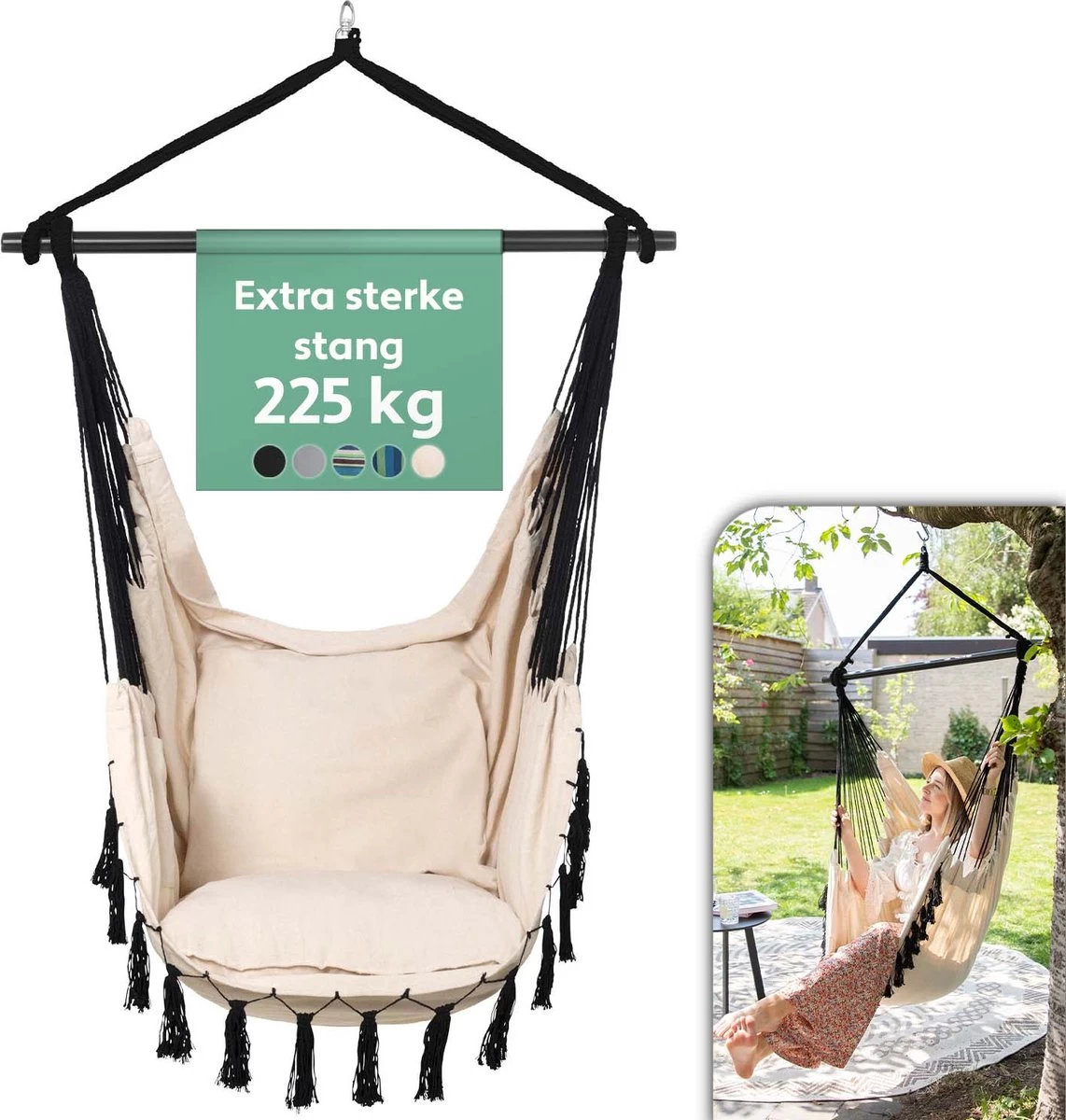 Vita5 XXL Hangstoel | Binnen&Buiten Hangnest | Incl. 2 Kussens En Boekenvak | Volwassenen&Kinderen | Hangmatstoel Tot 225kg | Beige 3 Vita5 XXL Hangstoel | Binnen&Buiten Hangnest | Incl. 2 Kussens En Boekenvak | Volwassenen&Kinderen | Hangmatstoel Tot 225kg | Beige