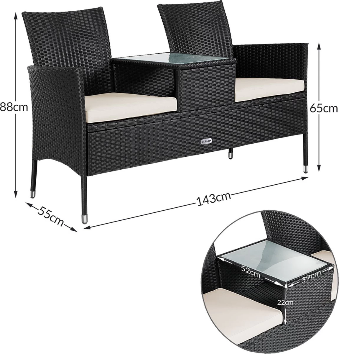 Casaria Polyrattan Tuinbank - Incl. Kussen - 143x55x88 Cm Zwart 5 Casaria Polyrattan Tuinbank - Incl. Kussen - 143x55x88 Cm Zwart - Afbeelding 3