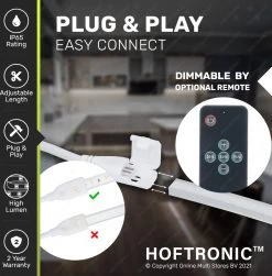 HOFTRONIC Flex60 - Dimbare LED Strip 2m - 6000K Daglicht Wit - 60 LEDs Per Meter 2835 High Lumen - 308 Lumen Per Meter - IP65 Voor Binnen En Buiten - Waterdicht En UV Bestendig - Per Meter Inkortbaar - Incl. Netvoeding En Eurostekker -Philips Hue Winkel 1180x1200 12