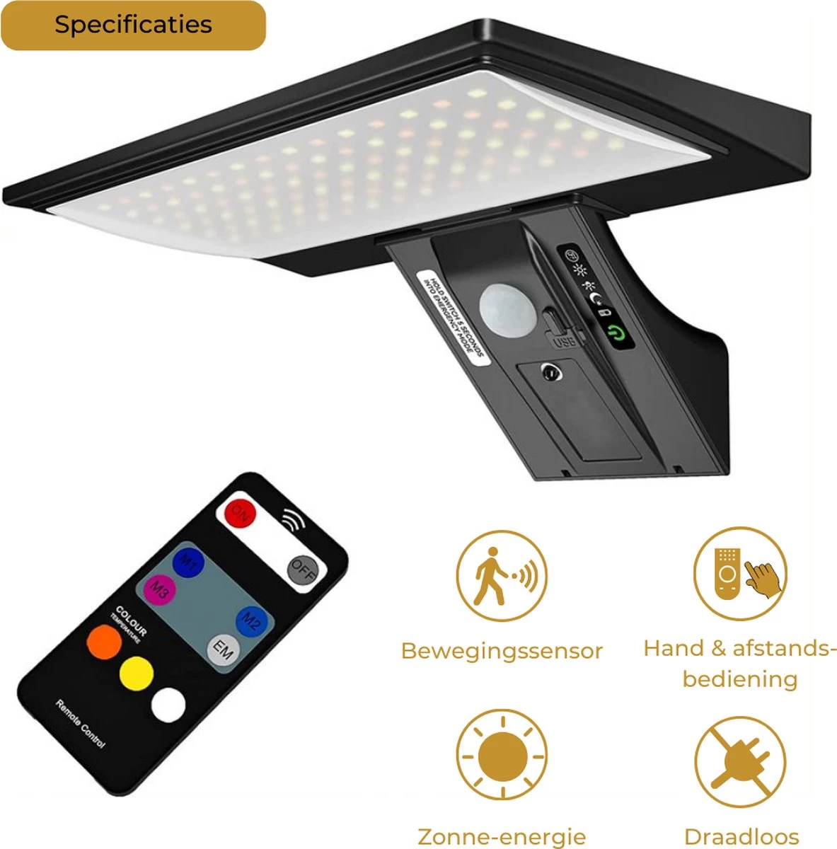 Lueas®- Draadloze LED Muurlamp Met Bewegingssensor – Met Afstandsbediening – Op Zonne-energie - Warm & Wit Licht 4 Lueas®- Draadloze LED Muurlamp Met Bewegingssensor – Met Afstandsbediening – Op Zonne-energie - Warm & Wit Licht - Afbeelding 2