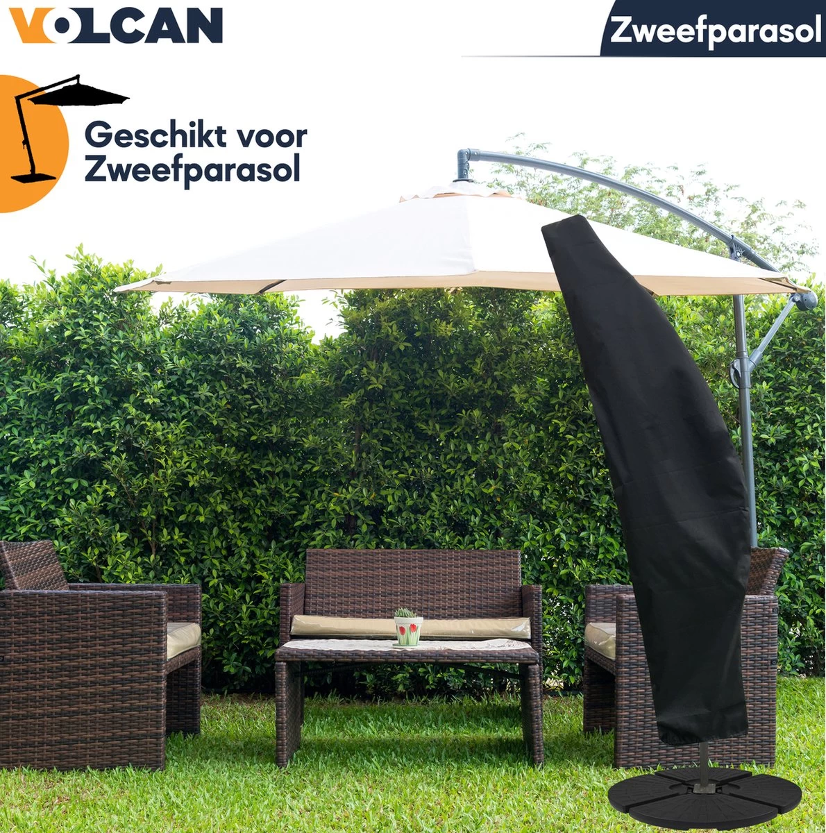 Volcan Parasolhoes Voor Zweefparasol - Tot 300cm - Waterdicht - Oxford 420D - Met Rits, Trekkoord En Stok - Zwart 7 Volcan Parasolhoes Voor Zweefparasol - Tot 300cm - Waterdicht - Oxford 420D - Met Rits, Trekkoord En Stok - Zwart - Afbeelding 5