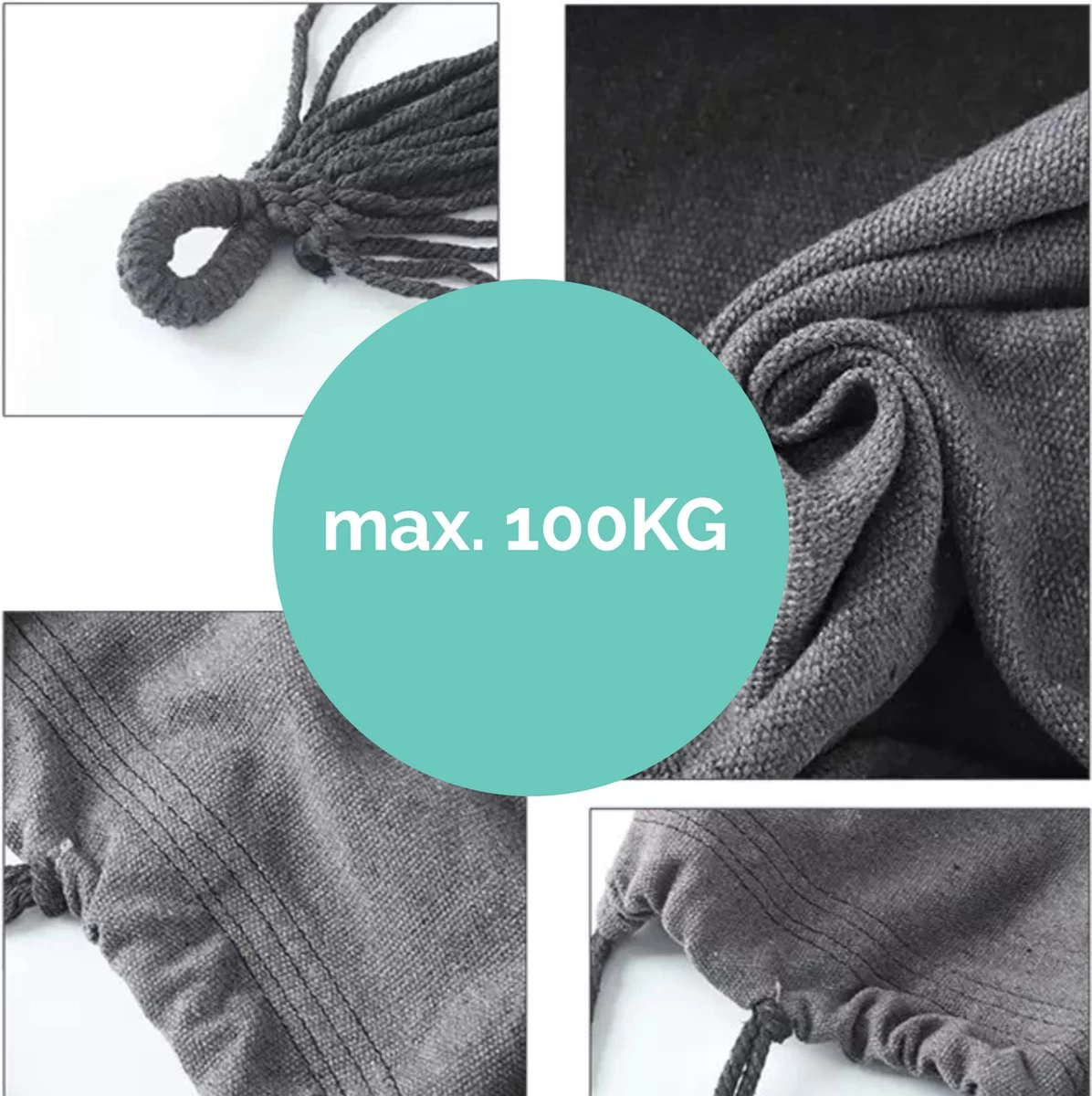 Hangmat Stoel - Hangstoel Voor Binnen Of Buiten - Incl. 2 Kussens - Zwart/Grijs Antraciet 4 Hangmat Stoel - Hangstoel Voor Binnen Of Buiten - Incl. 2 Kussens - Zwart/Grijs Antraciet - Afbeelding 2