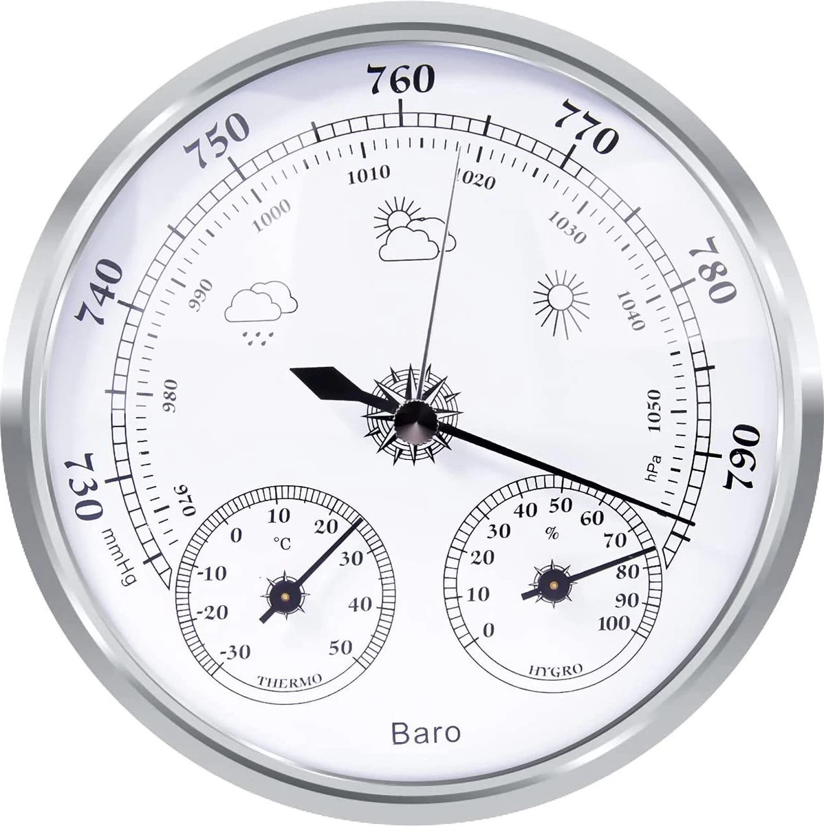 Luxe Barometer Weerstation Met Thermometer Hygrometer Messing Zilverkleurig – Voor Binnen En Buiten 3 Luxe Barometer Weerstation Met Thermometer Hygrometer Messing Zilverkleurig – Voor Binnen En Buiten