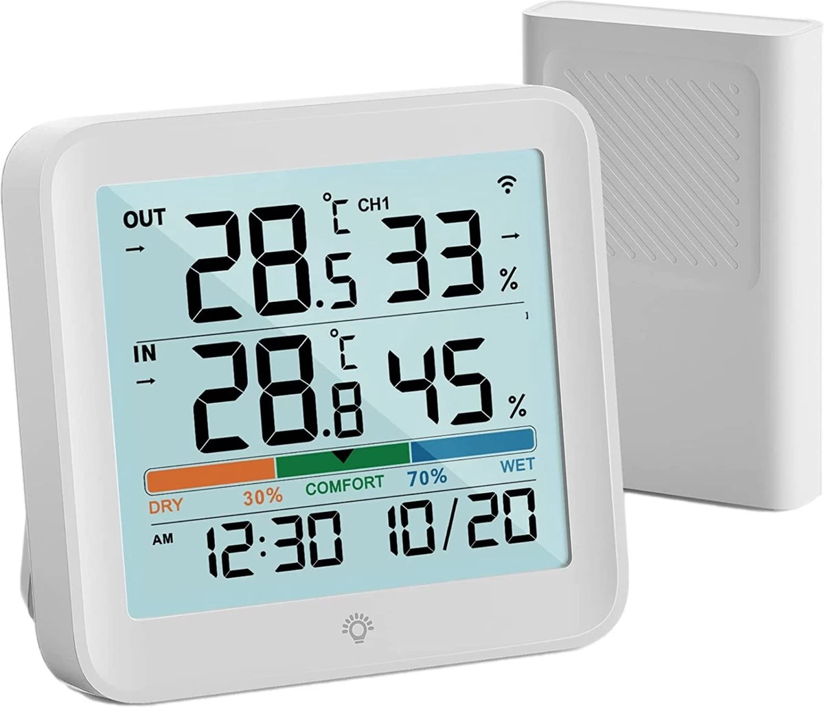 YUCONN Weerstation Hygrometer - Luchtvochtigheidsmeter - Binnen En Buiten - Draadloos Met Buitensensor - Digitaal - Wit 3 YUCONN Weerstation Hygrometer - Luchtvochtigheidsmeter - Binnen En Buiten - Draadloos Met Buitensensor - Digitaal - Wit