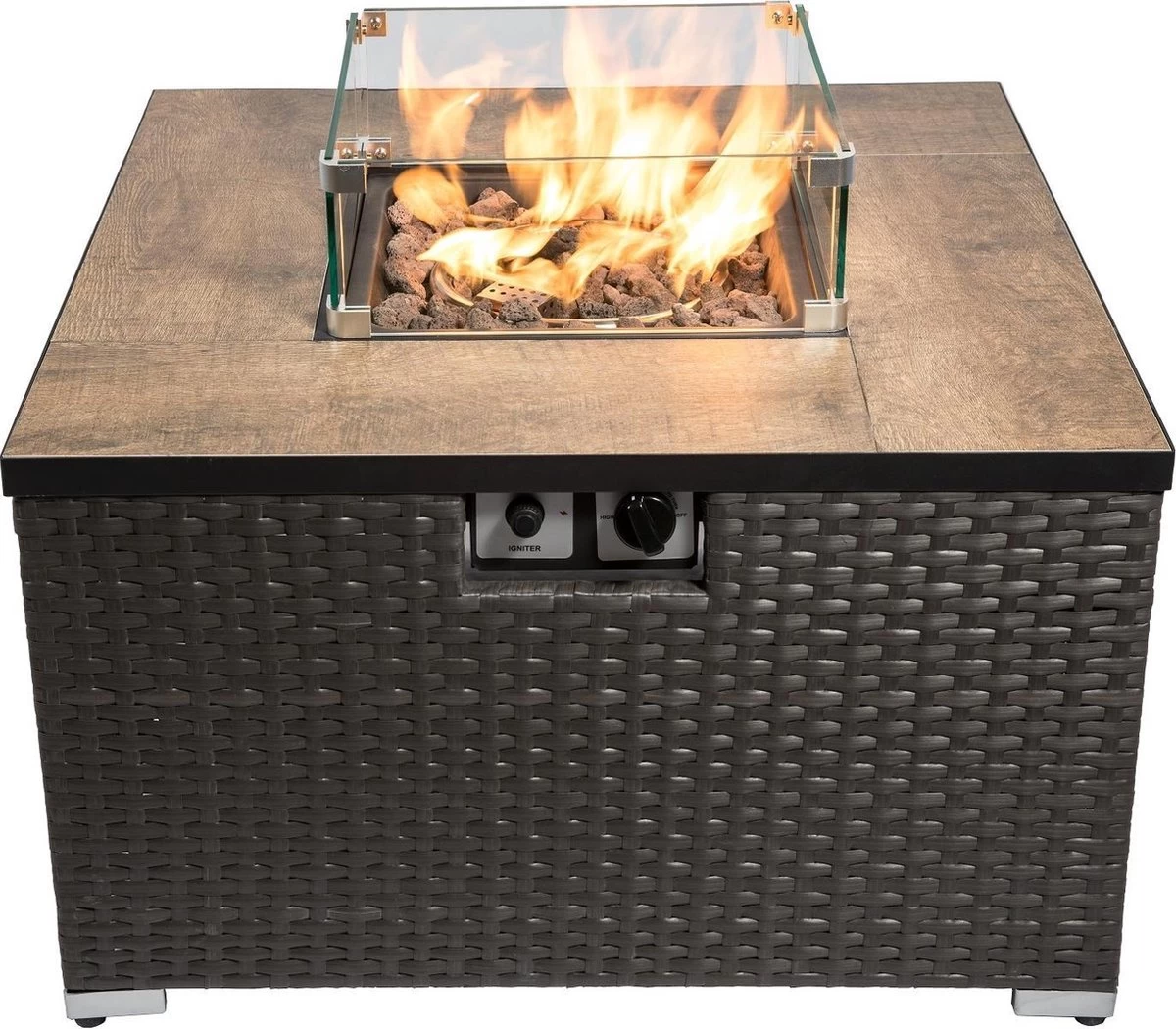 Teamson Home Vierkant Propaan Gas Vuurtafel - Vuurkorf Buiten - Geen Rook - Terrashaard - Rotan/Metaal - Met Windscherm, Lavastenen & Omslag 3 Teamson Home Vierkant Propaan Gas Vuurtafel - Vuurkorf Buiten - Geen Rook - Terrashaard - Rotan/Metaal - Met Windscherm, Lavastenen & Omslag