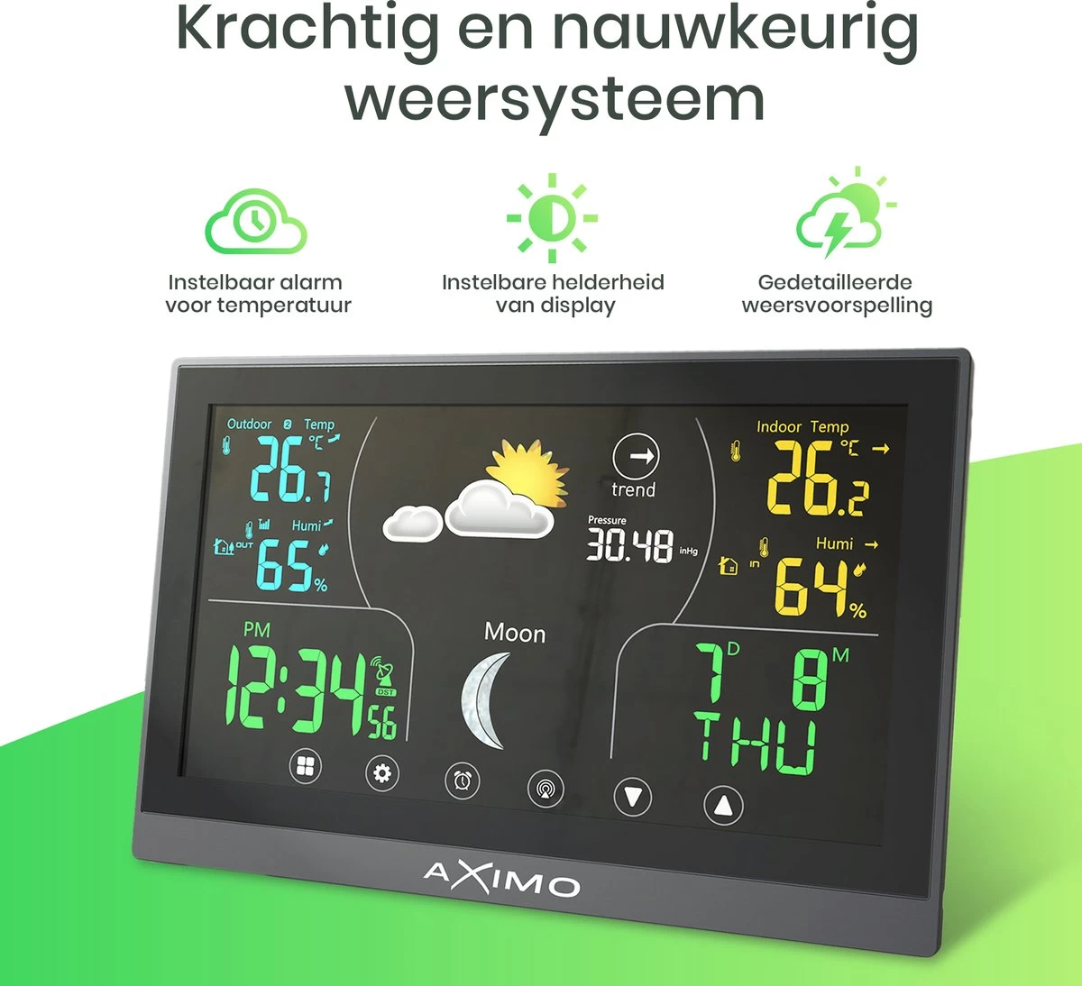 AXIMO Weerstation Binnen En Buiten – Draadloos Weerstation Met Buitensensor - Touchscreen Kleurendisplay - Binnen- En Buitentemperatuur - Barometer - Weersvoorspelling 4 AXIMO Weerstation Binnen En Buiten – Draadloos Weerstation Met Buitensensor - Touchscreen Kleurendisplay - Binnen- En Buitentemperatuur - Barometer - Weersvoorspelling - Afbeelding 2