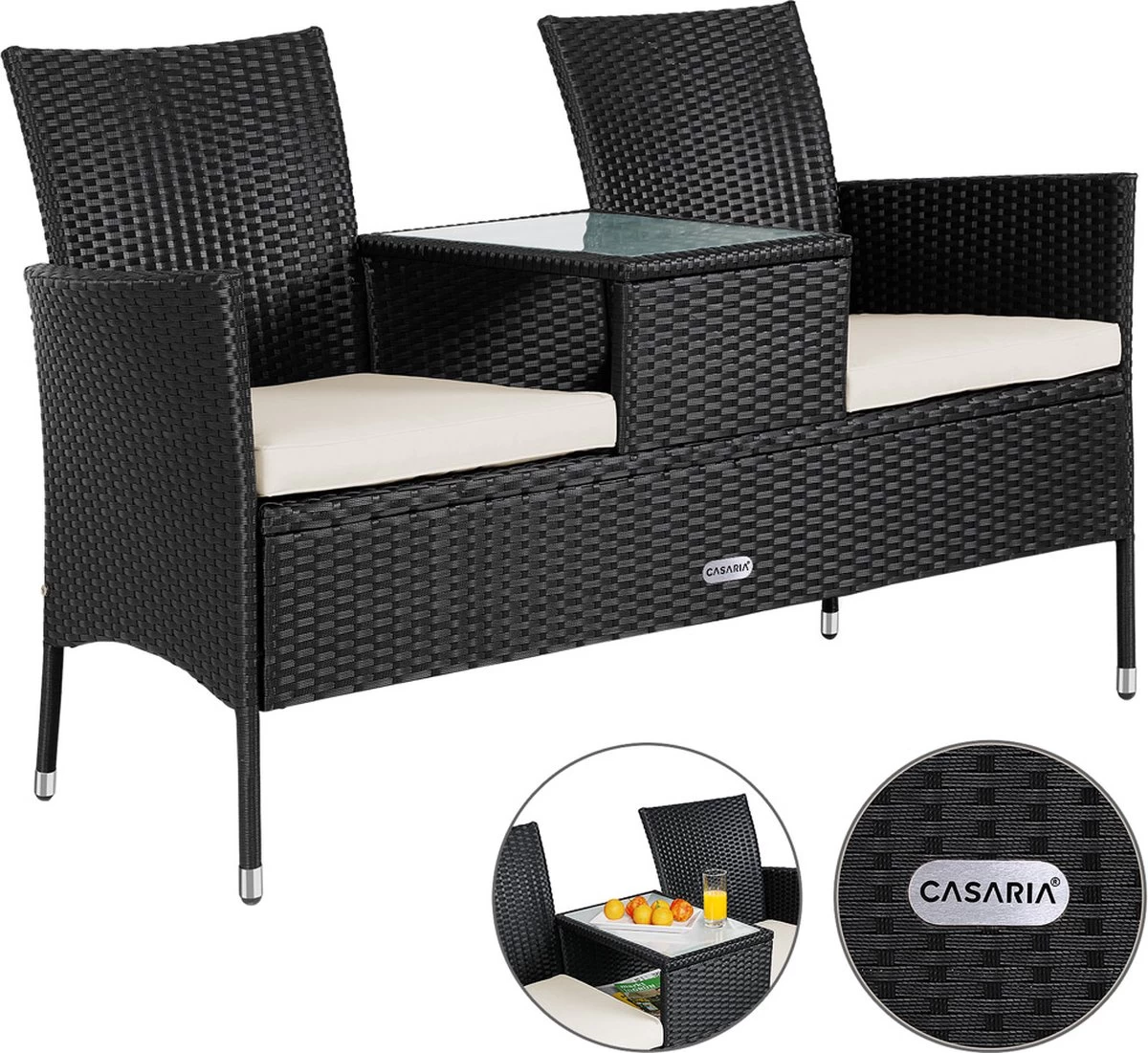 Casaria Polyrattan Tuinbank - Incl. Kussen - 143x55x88 Cm Zwart 9 Casaria Polyrattan Tuinbank - Incl. Kussen - 143x55x88 Cm Zwart - Afbeelding 7