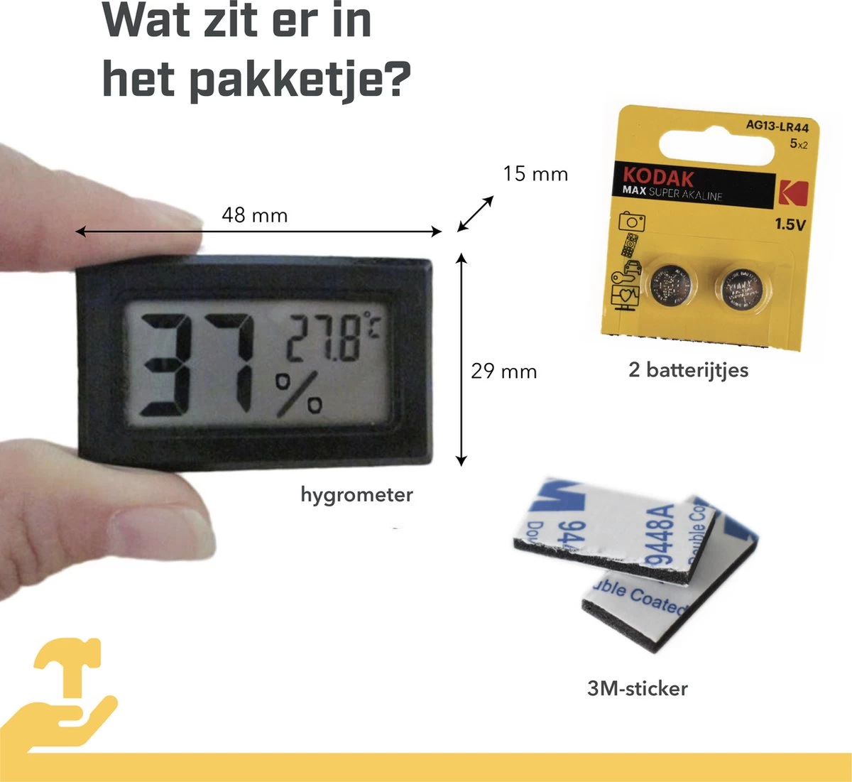 Tool Meister TM1 – Hygrometer & Thermometer - Binnen/Buiten/Koelkast – Digitaal - Zwart - Incl Batterijen 4 Tool Meister TM1 – Hygrometer & Thermometer - Binnen/Buiten/Koelkast – Digitaal - Zwart - Incl Batterijen - Afbeelding 2