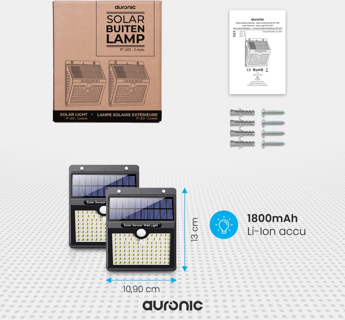 Auronic Buitenlamp - Zonne-energie - 2 Stuks - Bewegingssensor - 97 LED's - Wandlamp - IP65 - Zwart 7 Auronic Buitenlamp - Zonne-energie - 2 Stuks - Bewegingssensor - 97 LED's - Wandlamp - IP65 - Zwart - Afbeelding 5