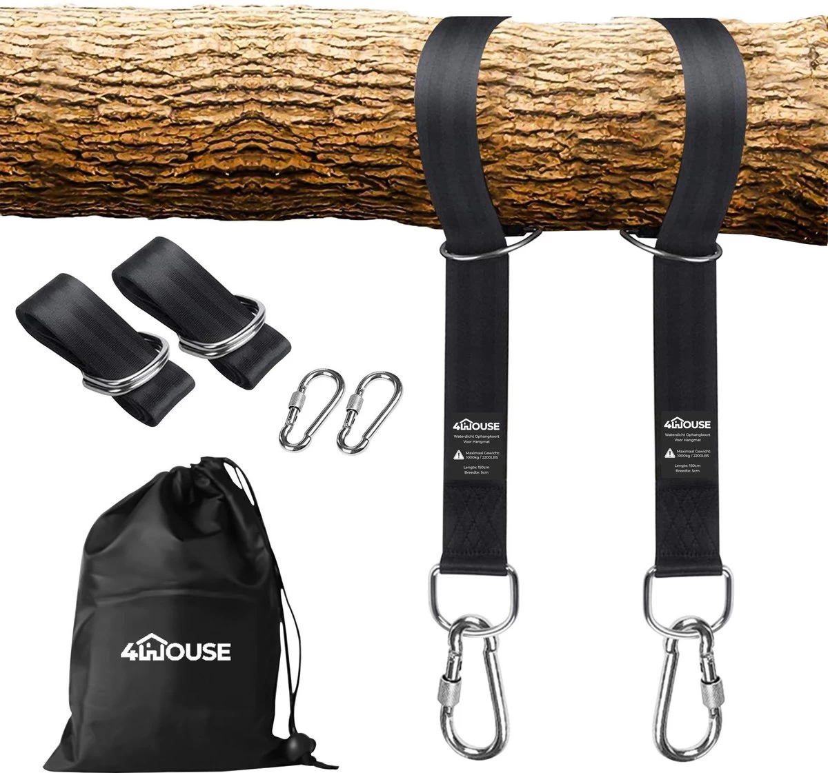 4House Ophang Koord Voor Hangmat, Hangstoel / Schommel - Hangmat Bevestigingsset Inclusief Haken - Karabijnhaak - Hangmat Standaard -Schommelophangset - Hangmat Ophangsysteem -150cm - Tot 1000kg - Boomvriendelijke Hangmat Ophangset - Set Van 2Stuks 3 4House Ophang Koord Voor Hangmat, Hangstoel / Schommel - Hangmat Bevestigingsset Inclusief Haken - Karabijnhaak - Hangmat Standaard -Schommelophangset - Hangmat Ophangsysteem -150cm - Tot 1000kg - Boomvriendelijke Hangmat Ophangset - Set Van 2Stuks