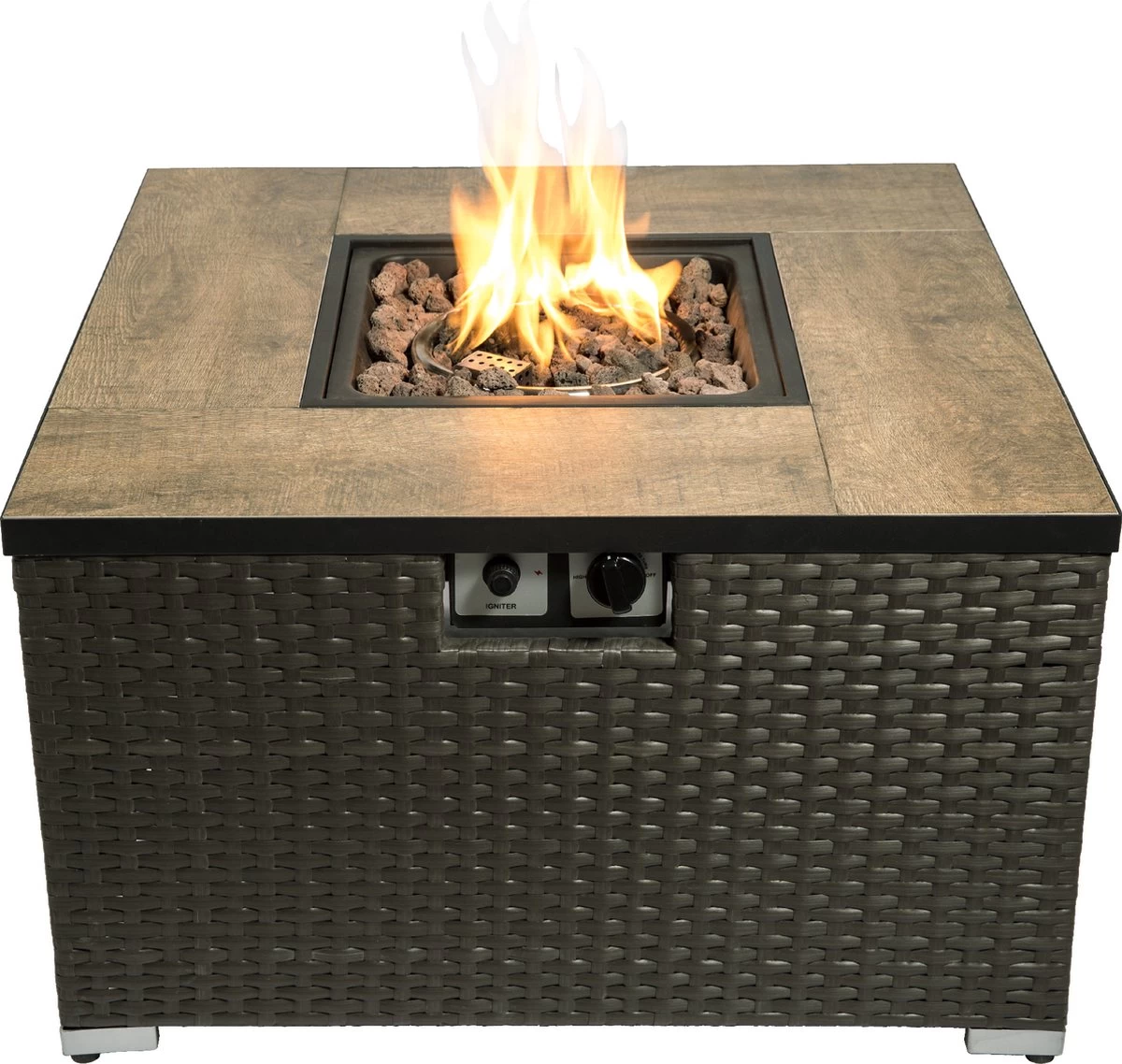 Teamson Home Vierkant Propaan Gas Vuurtafel - Vuurkorf Buiten - Geen Rook - Terrashaard - Rotan/Metaal - Met Windscherm, Lavastenen & Omslag 21 Teamson Home Vierkant Propaan Gas Vuurtafel - Vuurkorf Buiten - Geen Rook - Terrashaard - Rotan/Metaal - Met Windscherm, Lavastenen & Omslag - Afbeelding 19