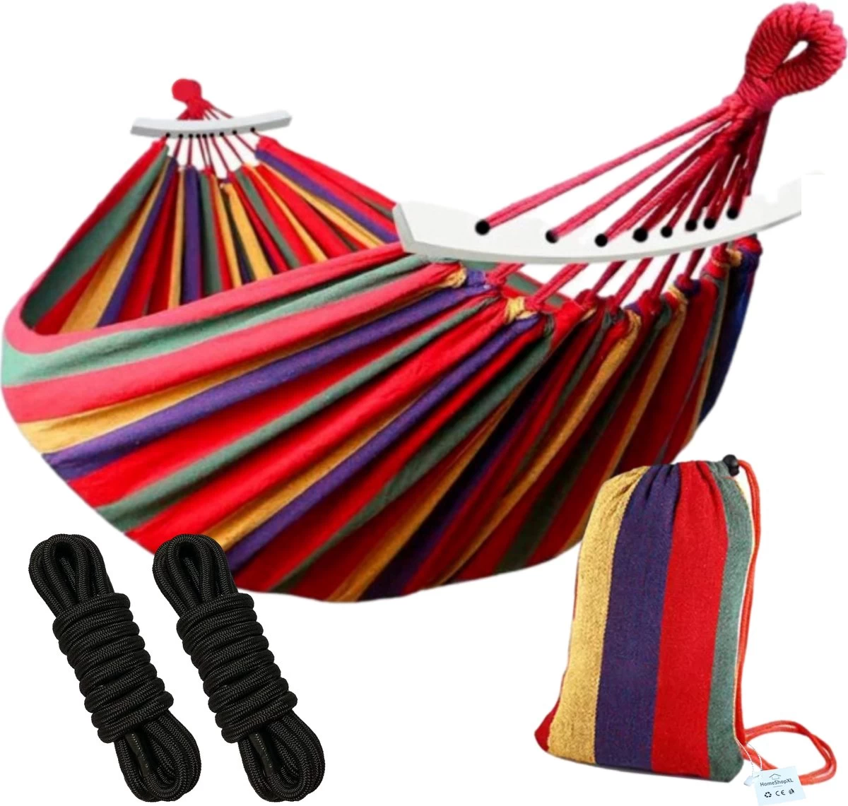 Dubbele Hangmat Rood Met Spreidstok - 1 Of 2 Persoons - Lig Oppervlak 190x150cm - Lengte 260cm 3 Dubbele Hangmat Rood Met Spreidstok - 1 Of 2 Persoons - Lig Oppervlak 190x150cm - Lengte 260cm