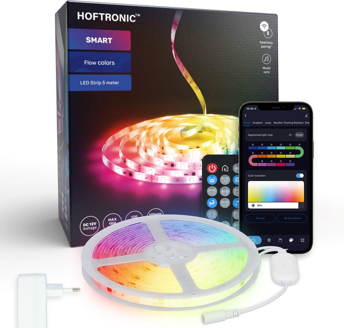 HOFTRONIC - Smart LED Strip 5m - RGB Flow Colors - WiFi + Bluetooth - 16,5 Miljoen Kleuren Met 120 LEDs - Music Sync - Met Afstandsbediening - Zelfklevend - Voor Google Home, Amazon Alexa En Siri 3 HOFTRONIC - Smart LED Strip 5m - RGB Flow Colors - WiFi + Bluetooth - 16,5 Miljoen Kleuren Met 120 LEDs - Music Sync - Met Afstandsbediening - Zelfklevend - Voor Google Home, Amazon Alexa En Siri