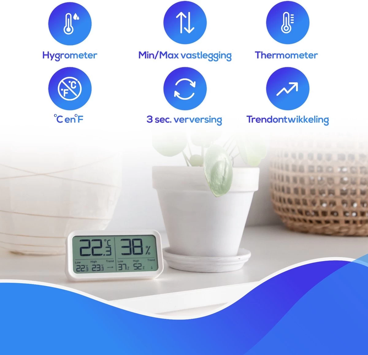 LifeWise Hygrometer Binnen - Luchtvochtigheidsmeter - Min/Max En Trend Weergave - Incl. Batterij 4 LifeWise Hygrometer Binnen - Luchtvochtigheidsmeter - Min/Max En Trend Weergave - Incl. Batterij - Afbeelding 2