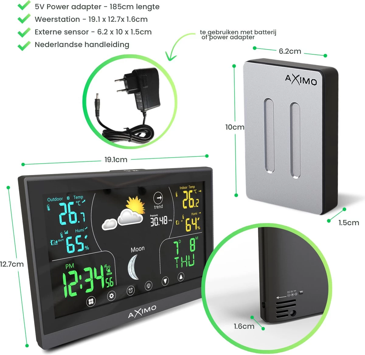 AXIMO Weerstation Binnen En Buiten – Draadloos Weerstation Met Buitensensor - Touchscreen Kleurendisplay - Binnen- En Buitentemperatuur - Barometer - Weersvoorspelling 7 AXIMO Weerstation Binnen En Buiten – Draadloos Weerstation Met Buitensensor - Touchscreen Kleurendisplay - Binnen- En Buitentemperatuur - Barometer - Weersvoorspelling - Afbeelding 5