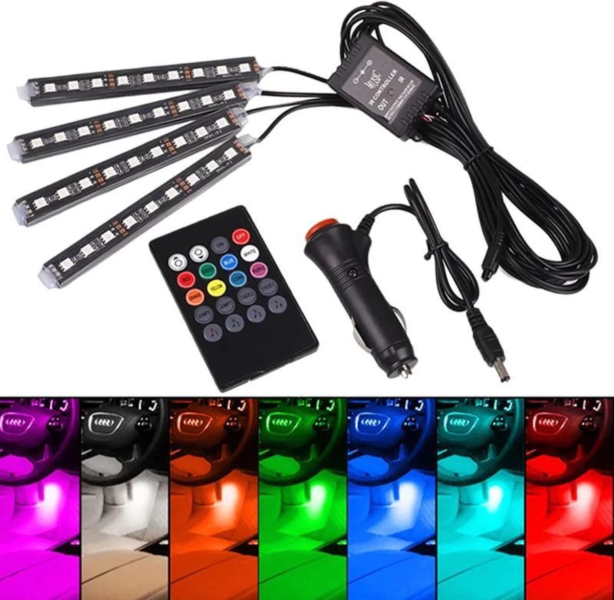Premium RGB Led Strips Voor In De Auto - Incl. Afstandsbediening - 4 Led Strips - Sigaretten Aansteker 3 Premium RGB Led Strips Voor In De Auto - Incl. Afstandsbediening - 4 Led Strips - Sigaretten Aansteker