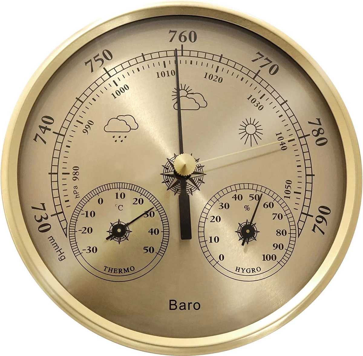 Luxe Barometer Weerstation Met Thermometer En Hygrometer – Messing Goudkleurig – Voor Binnen En Buiten 3 Luxe Barometer Weerstation Met Thermometer En Hygrometer – Messing Goudkleurig – Voor Binnen En Buiten