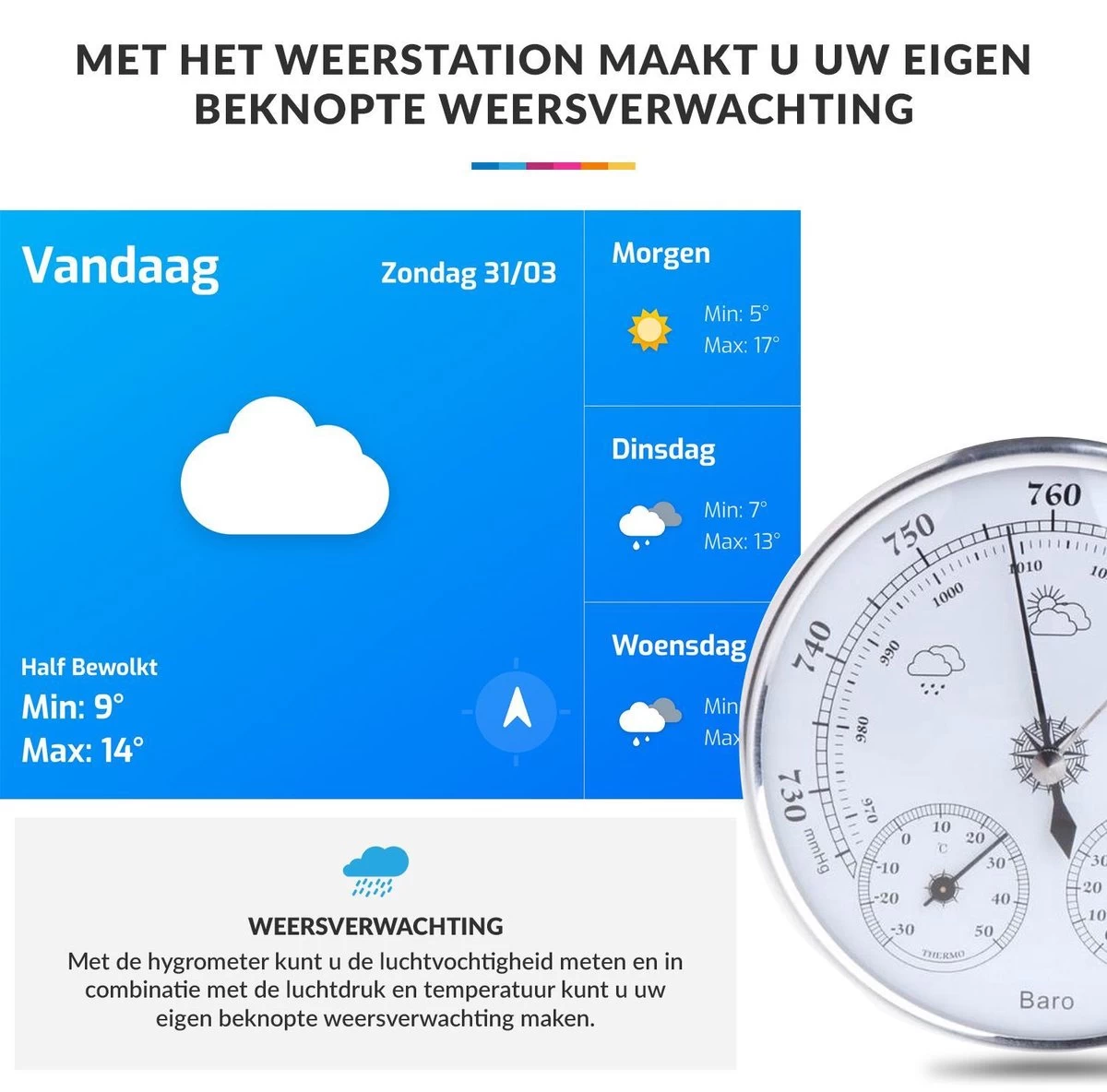 Luxe Barometer Weerstation Met Thermometer Hygrometer Messing Zilverkleurig – Voor Binnen En Buiten 7 Luxe Barometer Weerstation Met Thermometer Hygrometer Messing Zilverkleurig – Voor Binnen En Buiten - Afbeelding 5