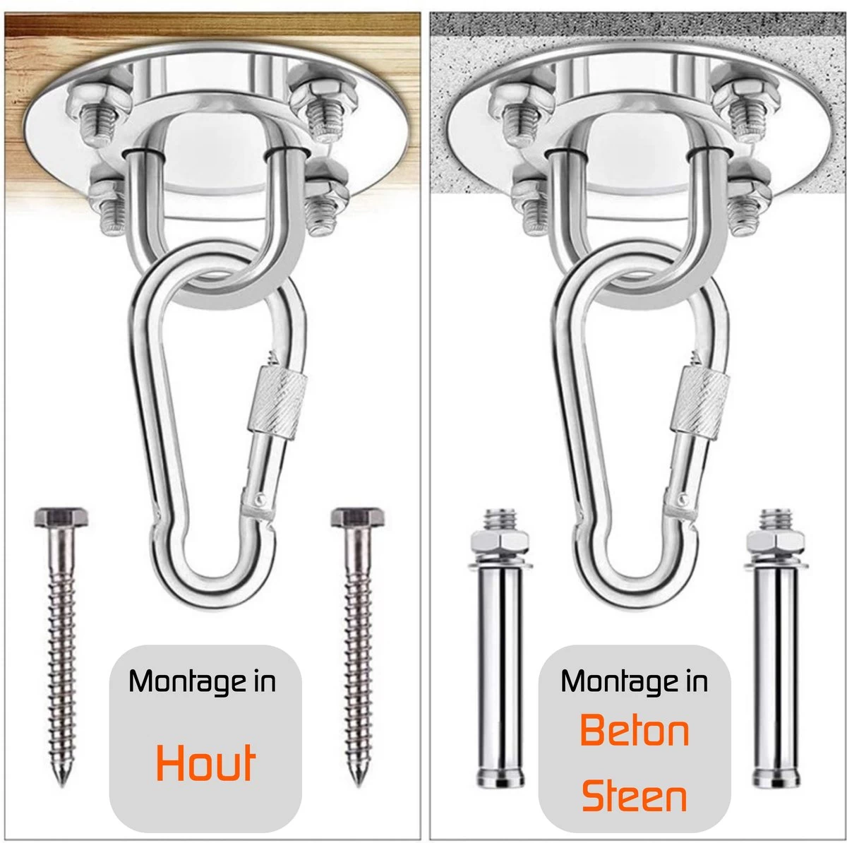 Plafondhaak – Voor Beton En Hout - Hangstoel – Hangmat – Bokszak – RVS – Binnen En Buiten – Ophangsysteem – Ophanghaak – 400KG 5 Plafondhaak – Voor Beton En Hout - Hangstoel – Hangmat – Bokszak – RVS – Binnen En Buiten – Ophangsysteem – Ophanghaak – 400KG - Afbeelding 3