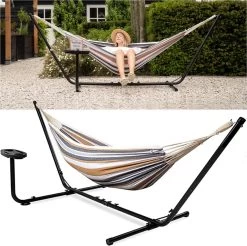 Vita5 Hangmat Met Standaard – 2 Persoons – Incl. Bekerhouder – 205kg Draaggewicht – Blauw/Wit/Bruin