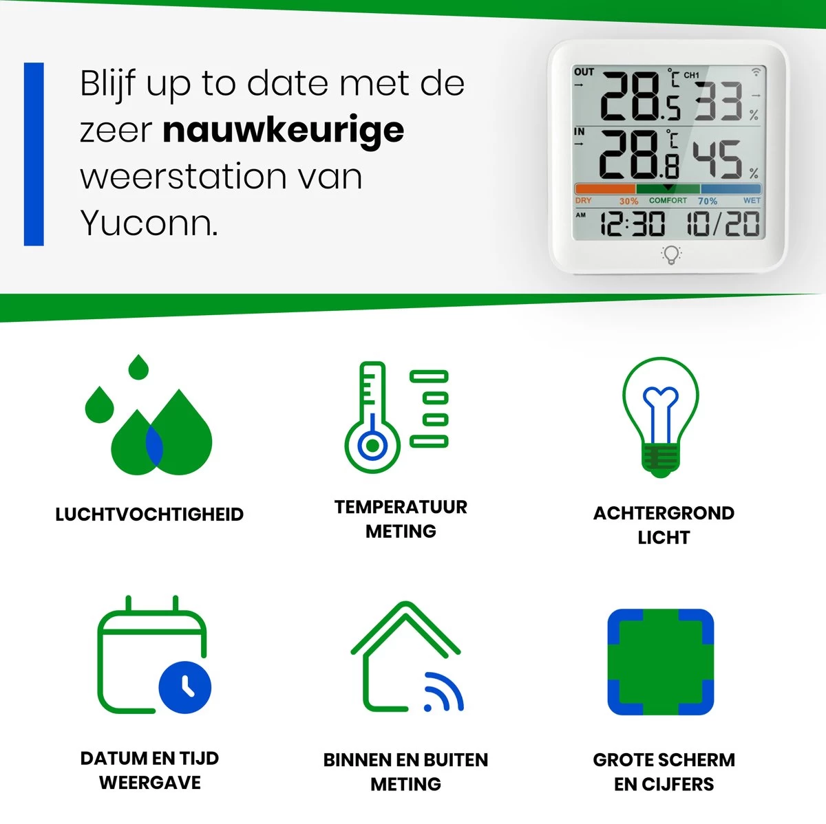 YUCONN Weerstation Hygrometer - Luchtvochtigheidsmeter - Binnen En Buiten - Draadloos Met Buitensensor - Digitaal - Wit 5 YUCONN Weerstation Hygrometer - Luchtvochtigheidsmeter - Binnen En Buiten - Draadloos Met Buitensensor - Digitaal - Wit - Afbeelding 3