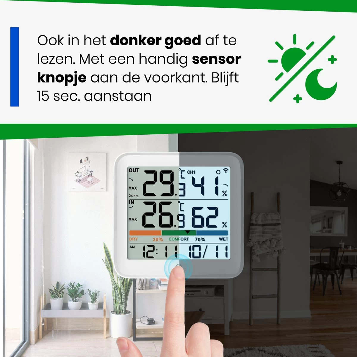YUCONN Weerstation Hygrometer - Luchtvochtigheidsmeter - Binnen En Buiten - Draadloos Met Buitensensor - Digitaal - Wit 6 YUCONN Weerstation Hygrometer - Luchtvochtigheidsmeter - Binnen En Buiten - Draadloos Met Buitensensor - Digitaal - Wit - Afbeelding 4