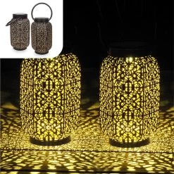 Gadgy Solar Oosterse Lantaarn - Tafellamp Set Van 2 - Solar Tuinverlichting Op Zonneenergie - Led Buitenverlichting Met Dag/Nacht Sensor - Hanglamp - Tuinlantaarn - 22xØ14CM - Metaal - Zwart