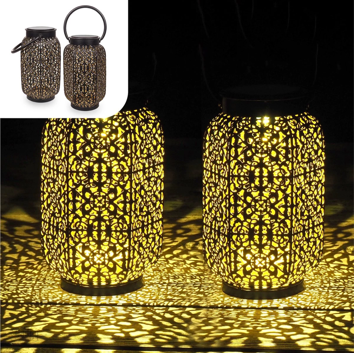 Gadgy Solar Oosterse Lantaarn - Tafellamp Set Van 2 - Solar Tuinverlichting Op Zonneenergie - Led Buitenverlichting Met Dag/Nacht Sensor - Hanglamp - Tuinlantaarn - 22xØ14CM - Metaal - Zwart 3 Gadgy Solar Oosterse Lantaarn - Tafellamp Set Van 2 - Solar Tuinverlichting Op Zonneenergie - Led Buitenverlichting Met Dag/Nacht Sensor - Hanglamp - Tuinlantaarn - 22xØ14CM - Metaal - Zwart