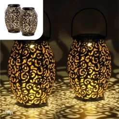 Gadgy Solar Oosterse Lantaarn - Tafellamp Set Van 2 – Solar Tuinverlichting Op Zonneenergie – Led Buitenverlichting Met Dag/Nacht Sensor - Hanglamp - Tuinlantaarn - 21.5 X Ø15CM - Brons - Metaal