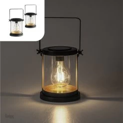 Gadgy Solar Lantaarn Glas Met Led Gloeilamp - Tafellamp Set Van 2 - Solar Tuinverlichting Op Zonneenergie - Led Buitenverlichting Met Dag/Nacht Sensor - Tuinlantaarn - 16.5x14.5CM