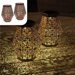 Gadgy Solar Lantaarn Hexagon - Tafellamp Set Van 2 - Tuinlantaarn In Koper Kleur - Solar Tuinverlichting Op Zonneenergie - Led Buitenverlichting Met Dag/nacht Sensor - Hanglamp - 20 X Ø 15 Cm - Metaal