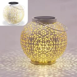 Gadgy Solar Lantaarn Rond Wit - Solar Tuinverlichting Op Zonneenergie - Led Buitenverlichting Met Dag/nacht Sensor - Tuinlantaarn - Hanglamp - Tafellamp Metaal - 20 X Ø17.5 Cm