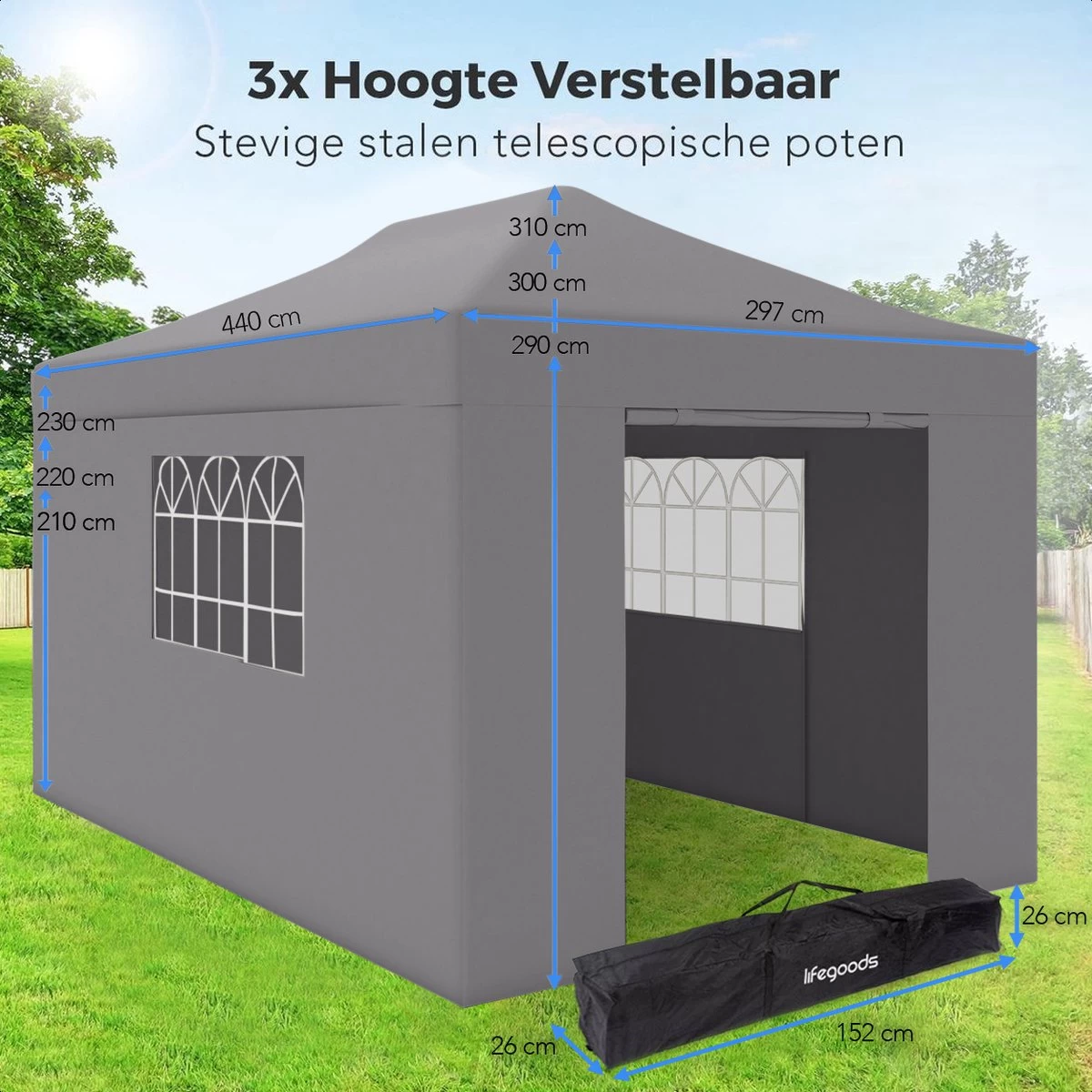 LifeGoods Partytent - 3x4.5 M - Zijwanden - Easy Up - Opvouwbaar - Waterdicht - Draagtas Met Wieltjes - Donkergrijs 12 LifeGoods Partytent - 3x4.5 M - Zijwanden - Easy Up - Opvouwbaar - Waterdicht - Draagtas Met Wieltjes - Donkergrijs - Afbeelding 10