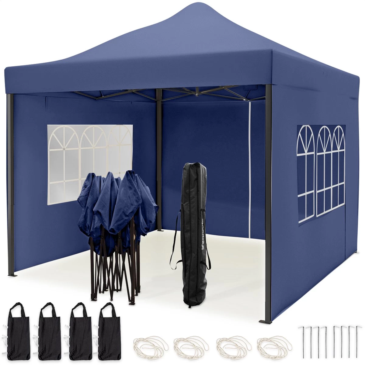 LifeGoods Partytent - 3x3 M - Zijwanden - Easy Up - Opvouwbaar - Waterdicht - Draagtas Met Wieltjes - Donkerblauw 3 LifeGoods Partytent - 3x3 M - Zijwanden - Easy Up - Opvouwbaar - Waterdicht - Draagtas Met Wieltjes - Donkerblauw