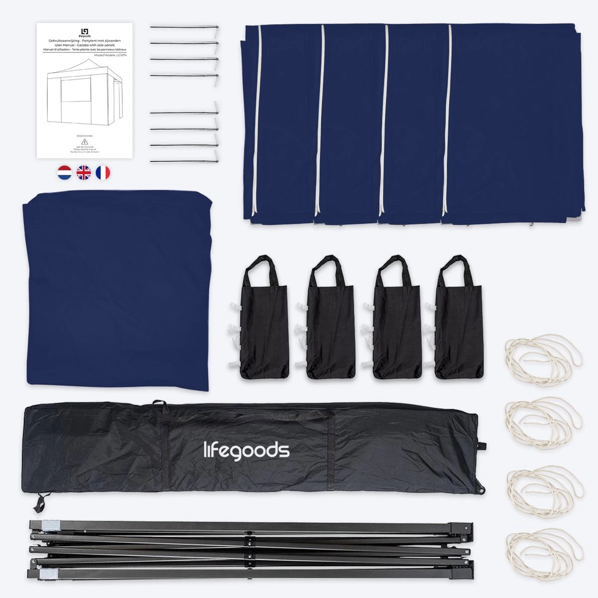 LifeGoods Partytent - 3x3 M - Zijwanden - Easy Up - Opvouwbaar - Waterdicht - Draagtas Met Wieltjes - Donkerblauw 7 LifeGoods Partytent - 3x3 M - Zijwanden - Easy Up - Opvouwbaar - Waterdicht - Draagtas Met Wieltjes - Donkerblauw - Afbeelding 5