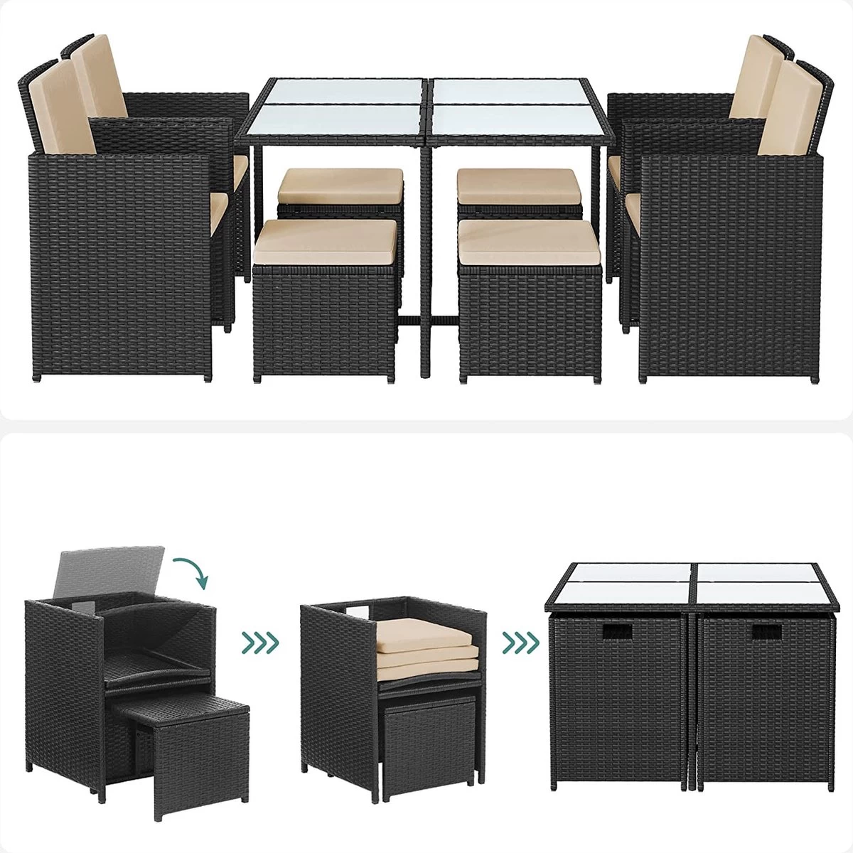 Tuinmeubelset - Tuinset 4 6 8 Persoons - Eettafel En Stoelen - Set Van 9 - Terras - Tuintafel - Salontafel Met Glazen Oppervlak - Zwart Beige 10 Tuinmeubelset - Tuinset 4 6 8 Persoons - Eettafel En Stoelen - Set Van 9 - Terras - Tuintafel - Salontafel Met Glazen Oppervlak - Zwart Beige - Afbeelding 8