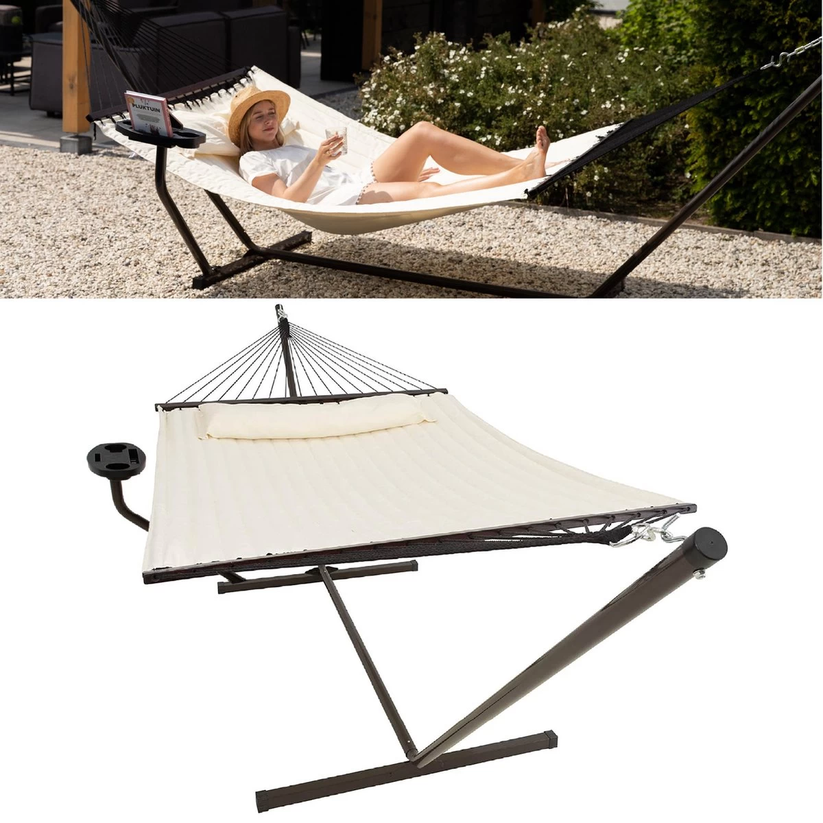 Vita5 Hangmat Met Standaard En Spreidstok – 2 Persoons – Incl. Bekerhouder - Afneembaar Kussen – Uv-bestendig – Beige 3 Vita5 Hangmat Met Standaard En Spreidstok – 2 Persoons – Incl. Bekerhouder - Afneembaar Kussen – Uv-bestendig – Beige