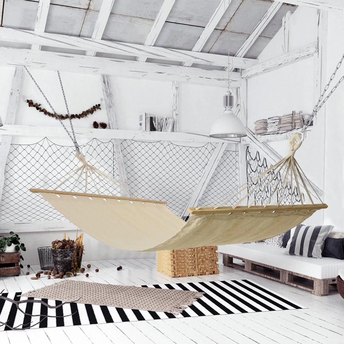 Merkloos Hangmat - Incl Bevestigingshaak - Met Spreidstok - Beige - Comfortabel - Met Karabijnhaak 3 Merkloos Hangmat - Incl Bevestigingshaak - Met Spreidstok - Beige - Comfortabel - Met Karabijnhaak