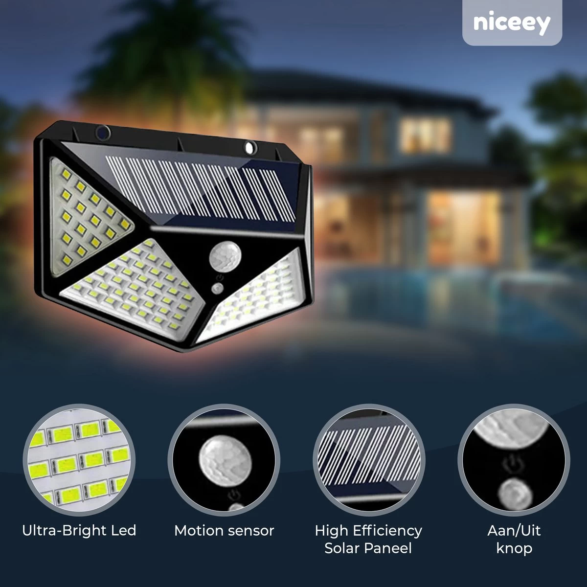 Niceey Solar Buitenlamp Met Bewegingssensor - 100 LED's - Wit Licht - Zonne-Energie - Wandlampen - Buiten Lamp - IP65 Waterdicht - 2 Stuks 6 Niceey Solar Buitenlamp Met Bewegingssensor - 100 LED's - Wit Licht - Zonne-Energie - Wandlampen - Buiten Lamp - IP65 Waterdicht - 2 Stuks - Afbeelding 4