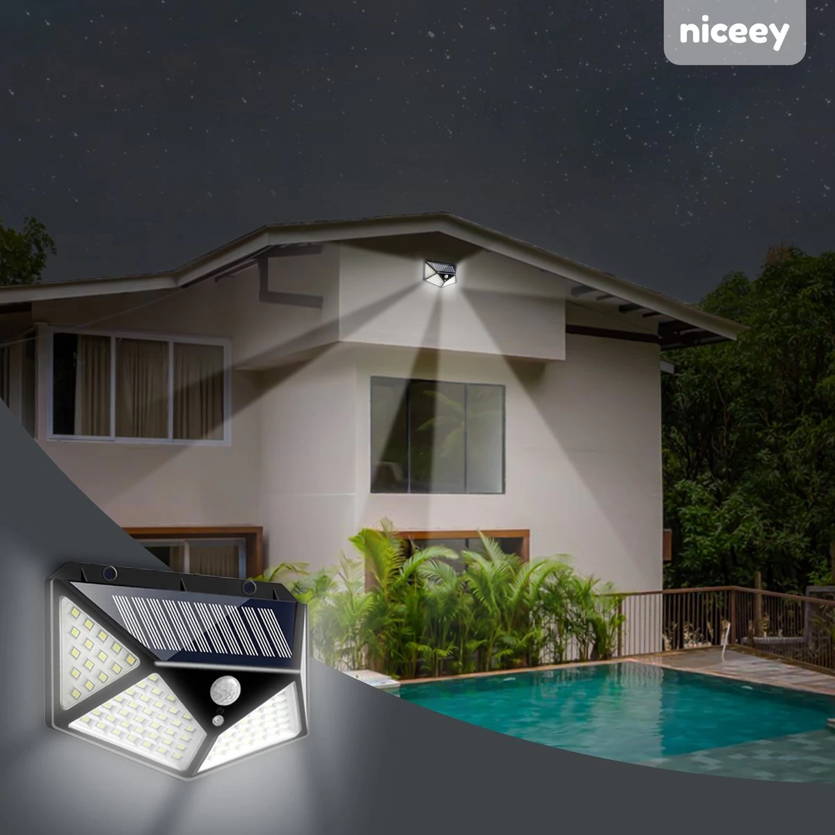 Niceey Solar Buitenlamp Met Bewegingssensor - 100 LED's - Wit Licht - Zonne-Energie - Wandlampen - Buiten Lamp - IP65 Waterdicht - 2 Stuks 7 Niceey Solar Buitenlamp Met Bewegingssensor - 100 LED's - Wit Licht - Zonne-Energie - Wandlampen - Buiten Lamp - IP65 Waterdicht - 2 Stuks - Afbeelding 5