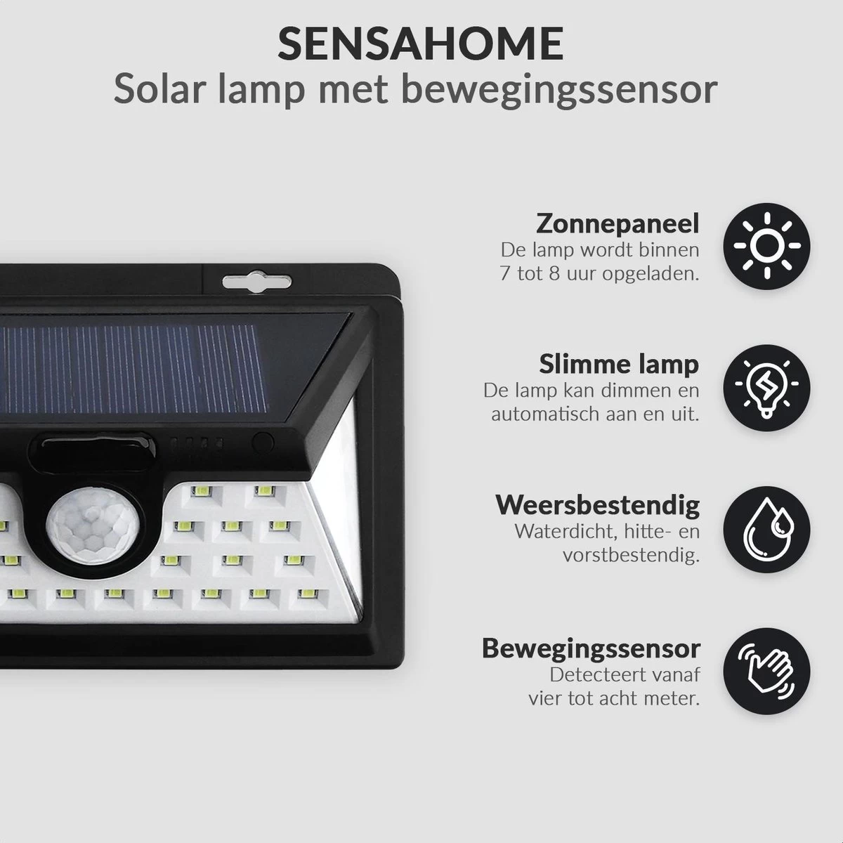 SensaHome Solar Lamp 34 Led Met Bewegingssensor Voor Buitenverlichting | Slimme Lamp | Energievriendelijk Op Zonne-energie | Buitenverlichting Wandlamp Met Sensor En Led 8 SensaHome Solar Lamp 34 Led Met Bewegingssensor Voor Buitenverlichting | Slimme Lamp | Energievriendelijk Op Zonne-energie | Buitenverlichting Wandlamp Met Sensor En Led - Afbeelding 6