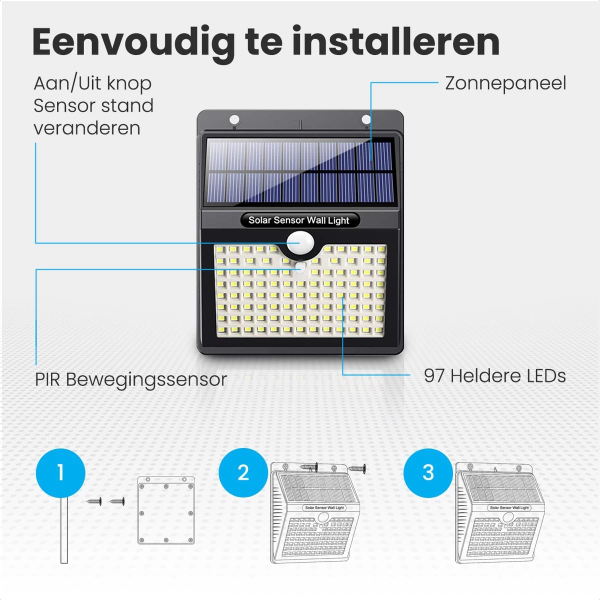 Auronic Buitenlamp - Zonne-energie - 2 Stuks - Bewegingssensor - 97 LED's - Wandlamp - IP65 - Zwart 10 Auronic Buitenlamp - Zonne-energie - 2 Stuks - Bewegingssensor - 97 LED's - Wandlamp - IP65 - Zwart - Afbeelding 8