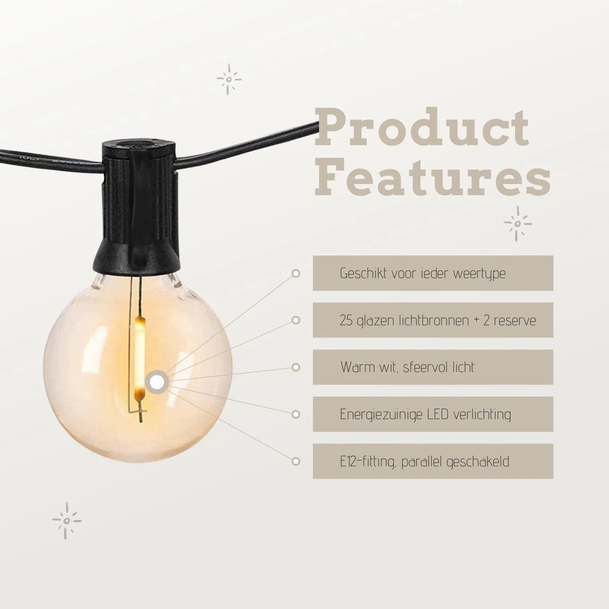 A Sunny Day Lichtsnoer Buiten Inclusief 25 LED Lampen Voor Buiten 7,5 Meter - Lichtsnoer Voor Buiten - 25 LED Lampen - Lichtslinger - Prikkabel - Lichtsnoer Binnen - Prikkabel Binnen - Lichtsnoer Tuin 4 A Sunny Day Lichtsnoer Buiten Inclusief 25 LED Lampen Voor Buiten 7,5 Meter - Lichtsnoer Voor Buiten - 25 LED Lampen - Lichtslinger - Prikkabel - Lichtsnoer Binnen - Prikkabel Binnen - Lichtsnoer Tuin - Afbeelding 2