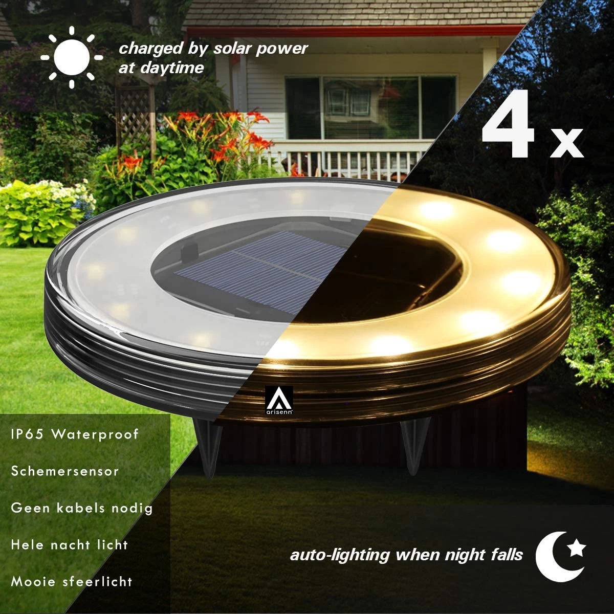 Arisenn® 360 - 4 X Solar LED Grondspot Zwart - WarmWit 3000K - Solar Tuinverlichting - Buitenlamp - Tuinverlichting Op Zonne-Energie - Schemerschakelaar - Automatisch Aan- IP67 - 1200 MAh Lithium Accu 3 Arisenn® 360 - 4 X Solar LED Grondspot Zwart - WarmWit 3000K - Solar Tuinverlichting - Buitenlamp - Tuinverlichting Op Zonne-Energie - Schemerschakelaar - Automatisch Aan- IP67 - 1200 MAh Lithium Accu